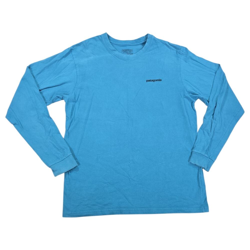 Patagonia Men Medium Regular Fit Organic Cotton Blue Logo Long Sleeve Shirt EUC